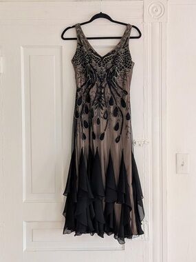 Sue Wong Black and Nude Beaded Midi Dress